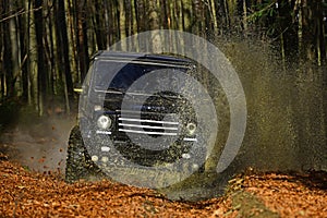 Extreme, challenge and 4x4 vehicle concept. SUV or offroad car on path covered with leaves crossing puddle with dirty