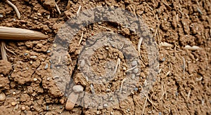 Textured earthen wall featuring rocks and straw