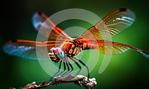 Extreme close up of a colorful dragon fly. Bright insect sitting on a stick at blurred backdrop. Generative AI