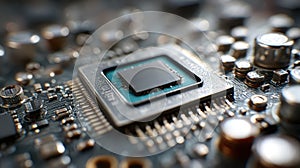Extreme close-up of a computer processor chip on a circuit board microchip