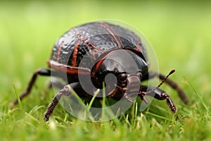 extreme close-up of dung beetle rolling ball on grass