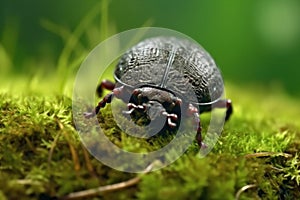 extreme close-up of dung beetle rolling ball on grass