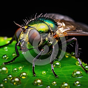 An extreme close-up of a fly on a leaf, its compound eyes reflecting the world in a myriad of tiny images