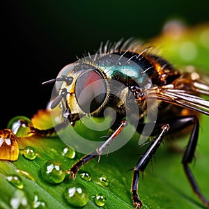 An extreme close-up of a fly on a leaf, its compound eyes reflecting the world in a myriad of tiny images