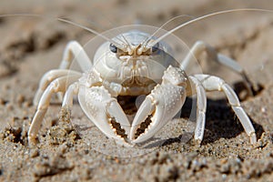 Extreme close-up of a ghost crab or crustacean on a sandy beach, sunny day photo