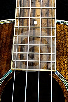 Extreme close up of a Hawaiian Ukulele guitar neck.