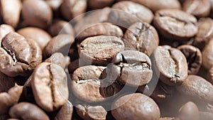 Extreme close-up heap of coffee beans rotating surrounded by sunlight ready for making espresso