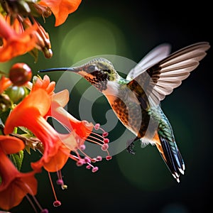 An extreme close-up of a hummingbird feeding on a trumpet vine flower, its wings a blur, and pollen dusting its beak