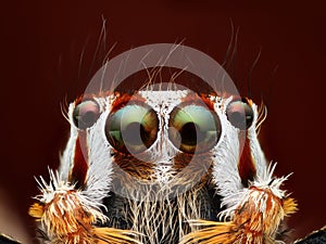 Extreme close-up of Jumping spider Plexippus paykulli portrait