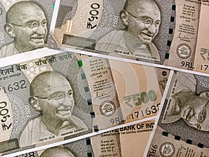 Extreme Close up of new 500 rupee currency notes of India