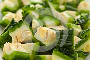 Extreme Close-Up of Organic Indian bitter gourds Momordica charantia or fresh Green Karela, chopped, diced or sliced, isolated