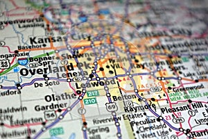 Extreme close-up of Overland Park, Kansas in a map