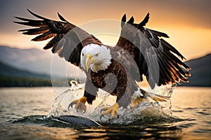 Extreme Close-up Picture of a Bald Eagle with Spread Wings Catching Salmon Fish, created with Generative AI technology