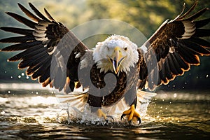 Extreme Close-up Picture of a Bald Eagle with Spread Wings Catching Salmon Fish, created with Generative AI technology