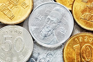 Extreme close up picture of South Korean won coins.