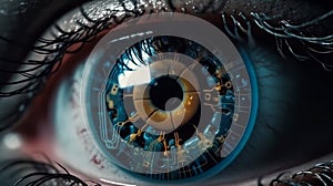 Extreme close-up of an robotic eye, electronic pupil, chip, generative AI