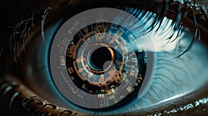 Extreme close-up of an robotic eye, electronic pupil, chip, generative AI