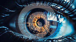 Extreme close-up of an robotic eye, electronic pupil, chip, generative AI