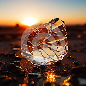 An extreme close-up of a shattered glass window with jagged edges.