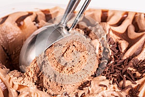 Extreme close up of some triple choc ice cream being scooped