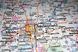 Extreme close-up of Springfield, Missouri in a map photo