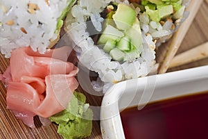 Extreme Close Up on Sushi and Garnish
