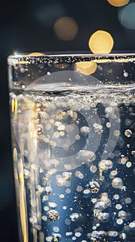 An extreme close-up of a transparent glass filled with drinking water, illuminated by a bright light source