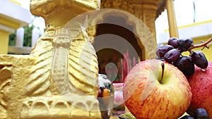 Extreme close up of various fruit being offered at a local spirit house in So