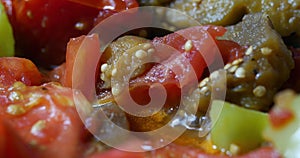 Extreme close up vegetable stew being bowled