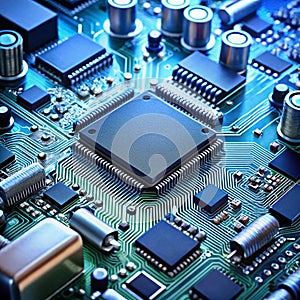 Extreme Close-up of a Computer Motherboard with Central Processor and Circuitry electronics