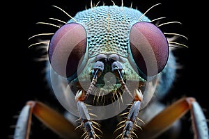 An extreme close up view of a fly face isolated on black background