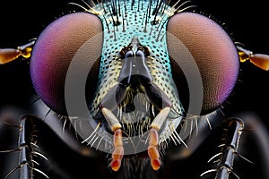 An extreme close up view of a fly face isolated on black background