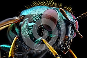 An extreme close up view of a fly face isolated on black background