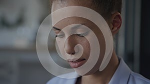 Extreme Close Up Woman Face Reading a Message