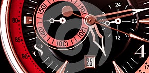 Extreme close up of wrist watch face/ Mechanical background with black red and pink