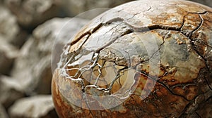 An extreme closeup of a cracked dinosaur egg displaying the delicate internal structures of the eggshell and the