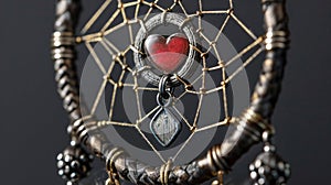 An extreme closeup of a dreamcatchers center reveals a small circular charm with a red enamel heart representing love