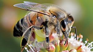 An extreme closeup of a honeybee on a flower capturing every hair and wing detail. The text reads These tiny pollinators