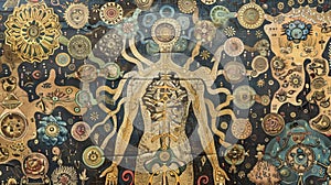 An extreme closeup of an intricate illustration depicting the human bodys energy centers as described in Ayurvedic texts