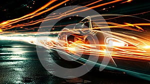 Extreme closeup of a light trail forming behind a car as it comes into focus. The intensity of the light is almost