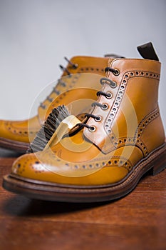 .Extreme Closeup of Premium Male Brogue Tanned Boots