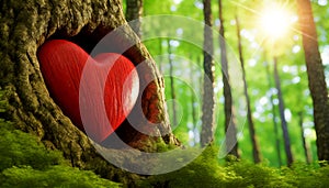 Red Heart Carved Into a Tree Trunk in a Green Forest - Generative Ai