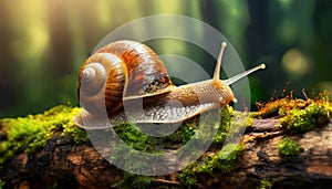 Close-up of a Snail with Shell above a Tree Trunk in the Forest - Generative Ai