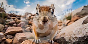 Extreme closupe of Chipmunk peeking at camera, blurred desert with blue sky on background