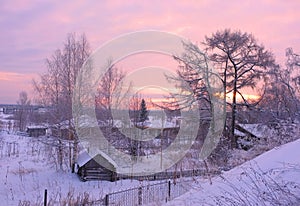 Extreme cold winter sunset in coutryside, Komi Republic, Russia.
