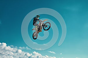 Extreme concept, challenge yourself. Extreme jump on a motorcycle on a background of blue sky with clouds. Copy space