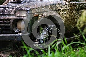 Extreme driving, challenge and 4x4 vehicles concept. Offroad race in forest. offroad car. driving through a deep puddle