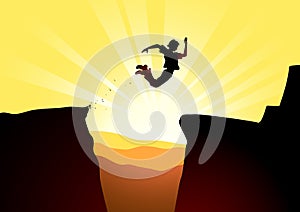 Extreme jump against a rising sun