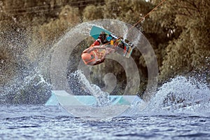 Extreme jump on wakeboarding.