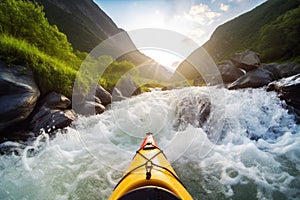 Extreme kayaking down the wild river in mountains at sunset, POV. Generative AI